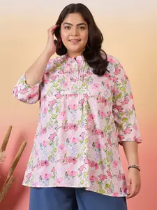 Sztori Plus Size Floral Printed Mandarin Collar Pleated A-Line Short Kurti