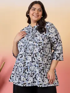 Sztori Plus Size Floral Printed Mandarin Collar Pleated A-Line Short Kurti
