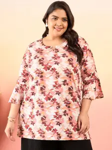 Sztori Plus Size Floral Printed Keyhole Neck Straight Short Kurti