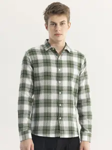 Snitch Olive Green Tartan Checked Snug Slim Fit Cotton Opaque Casual Shirt
