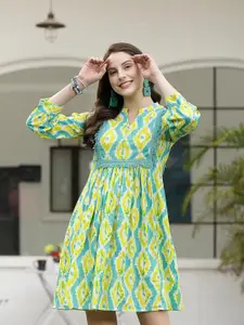 Stylum Green & Blue Ethnic Motifs Printed Mandarin Collar Cotton A-Line Dress