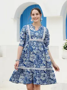 Stylum Blue & white Floral Printed V-Neck Cotton A-Line Dress