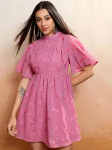 Vishudh Pink Embroidered High Neck Flared Sleeves Gathered Fit & Flare Dress