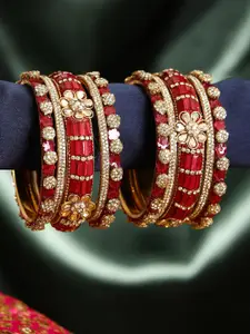 Adwitiya Collection Set Of 2 Gold-Plated Red & Off-white Kundan Studded Bangles