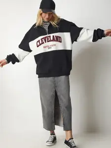 Happiness istanbul Typography Colourblocked Cotton Straight Pullover Sweatshirt