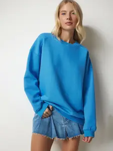 Happiness istanbul Round Neck Long Sleeves Cotton Sweatshirt