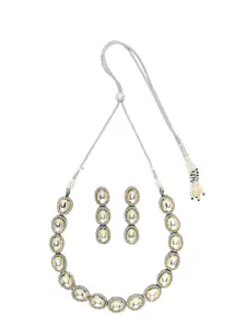 ADIVA Rhodium-Plated Kundan & CZ Stone Studded Necklace & Earrings