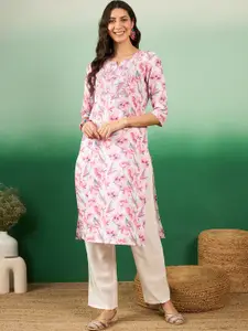 Sangria Pink & White Floral Printed Notch Neck Mirror Worked Cotton Kurta
