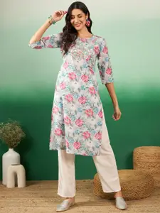 Sangria Floral Printed Round Neck Thread Worked Cotton Kurta