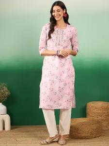 Sangria Floral Printed Cotton Round Neck Kurta