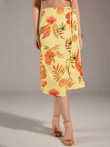 20Dresses Yellow Floral Printed A Line Mock Wrap Tie Up Midi Skirt