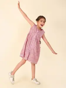 Fabindia Girls Floral Print Round Neck Cotton Fit & Flare Dress