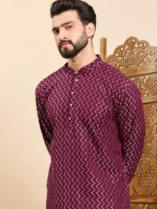 Anouk Geometric Printed Mandarin Collar Full Sleeves Sequins Cotton Kurta