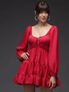 TANDUL Tie-Up Neck Puff Sleeve Net Fit & Flare Mini Dress