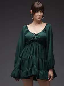 TANDUL Tie-Up Neck Puff Sleeve Net Fit & Flare Mini Dress