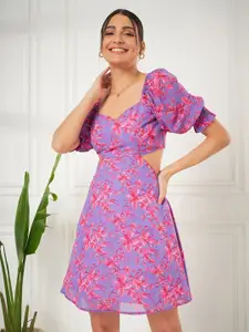 Kibo Floral Printed Puff Sleeves Cut-Outs Georgette A-Line Dress