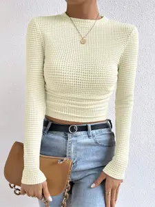 StyleCast White Self Design Long Sleeves Crop Top