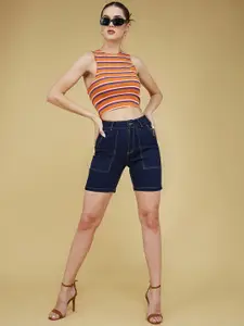 Life With Pockets  Women High-Rise Panelled Casual Denim Shorts