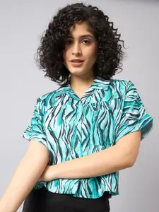 The Roadster Lifestyle Co. Green Abstract Printed Shirt Collar Top