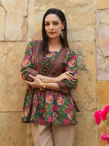 Rain & Rainbow Floral Printed V-Neck Tie-Ups Peplum  Cotton Top