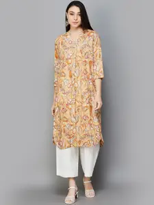 Melange by Lifestyle Floral Printed Mandarin Collar Panelled A-Line Kurta