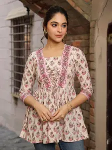 Rain & Rainbow Floral Printed Cotton Empire Top