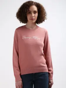 Tommy Hilfiger Round Neck Typography Printed Pure Cotton Pullover Sweaters