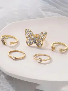 Jewels Galaxy Set Of 5 Gold-Plated Stone Studded Stackable Finger Rings