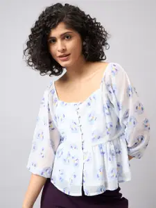 The Roadster Lifestyle Co. White Sweetheart Neck Puff Sleeves Floral Printed Peplum Top