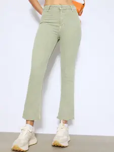 FREAKINS Women Khaki Mid-Rise Clean Look Coloured Shade Cropped Flared Jeans