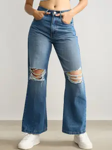 FREAKINS Women Blue Mildly Distressed High-Rise Wide Leg Pure Cotton Non Stretchable Jeans