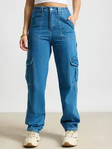 FREAKINS Women Blue High-Rise Straight Fit Light Fade Low Distress Cotton Cargo Jeans