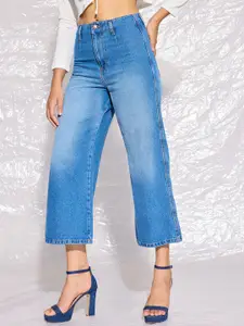 FREAKINS Women Wide Leg Mid-Rise Highly Distressed Light Fade Pure Cotton Cropped Jeans