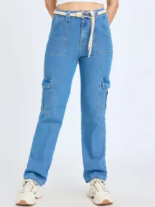 FREAKINS Women Blue High-Rise Straight Fit Clean Look Cotton Cargo Jeans