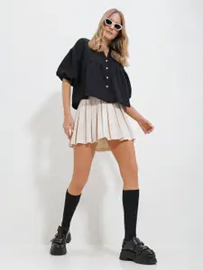 Trend Alacati stili Mandarin Collar Puff Sleeves Regular Fit Casual Shirt