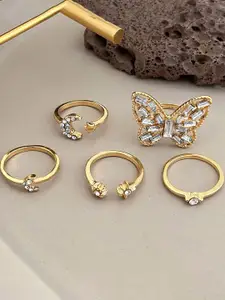Jewels Galaxy Set Of 5 Gold Plated Crystals Studded Adjustable Finger Rings