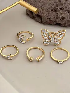 Jewels Galaxy Set Of 5 Gold Plated Crystals Studded Adjustable Finger Rings