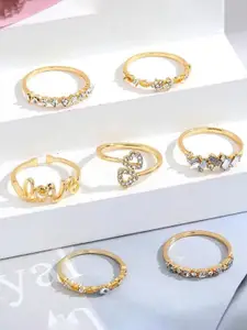 Jewels Galaxy Set Of 7 Gold-Plated Stone Studded Stackable Finger Rings