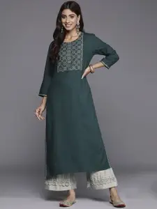 Indo Era Ethnic Motifs Embroidered  Round Neck Sequins Straight Kurtas