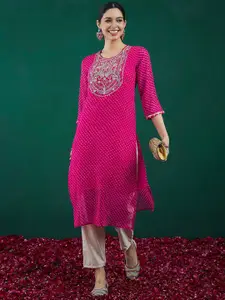 Indo Era Ethnic Motifs Printed Sweetheart Neck Georgette Sequins Straight Kurtas