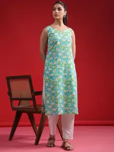 Indo Era Floral Printed Sweetheart Neck Sleeveless Cotton Straight Kurtas