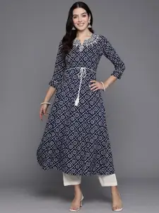 Indo Era Floral Printed Notch Neck A-line Kurta