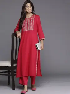 Indo Era Floral Embroidered Round Neck  Sequins Straight Kurta