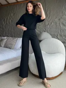 BIANCO LUCCI Ribbed Round Neck Extended Sleeves Longline Casual Top With Trousers