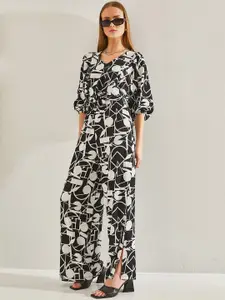 BIANCO LUCCI Abstract Printed V-Neck Bishop Sleeves Knotted Casual Top With Palazzos