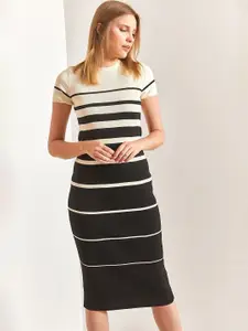 BIANCO LUCCI Striped Acrylic Midi T-shirt Dress