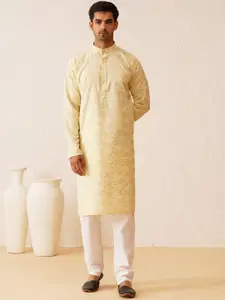 SOJANYA Band Collar Long Sleeves Woven Design Pure Cotton Straight Kurta with Churidar