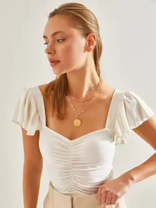 BIANCO LUCCI Sweetheart Neck Fitted Flutter Sleeves Fitted Top