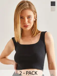 BIANCO LUCCI Pack of 2 Self Design Square Neck Cotton Crop Top