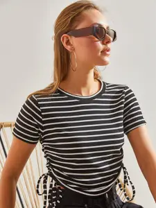 BIANCO LUCCI Striped Round Neck Short Sleeves Regular Top